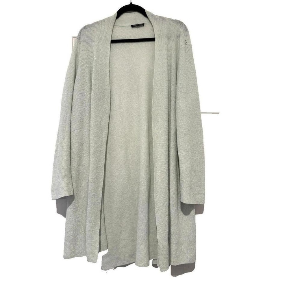 Eileen Fisher sz L green organic linen long open front cardigan sweater #3137